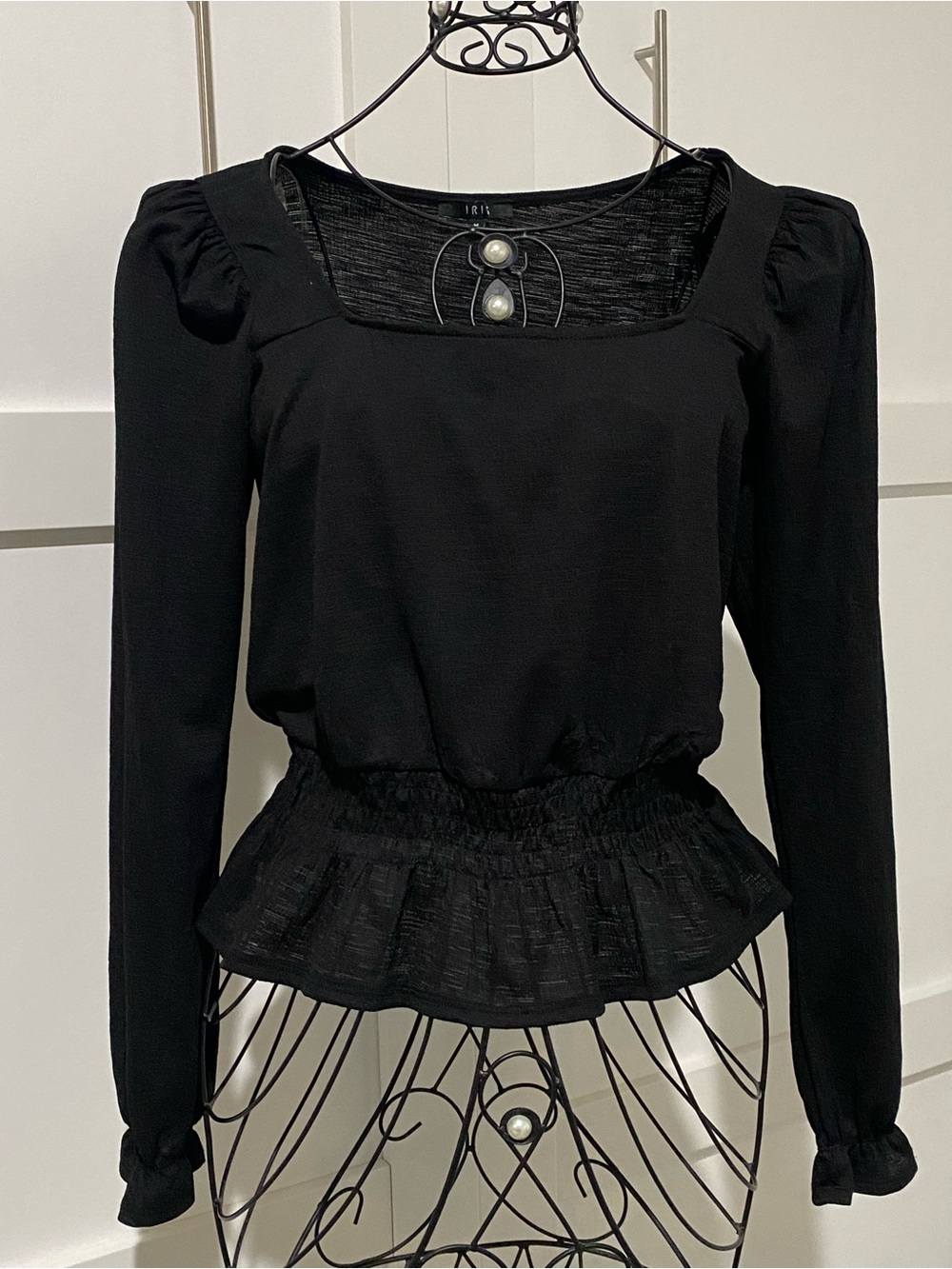 iris Black Square-Neck Smocked Peplum Blouse